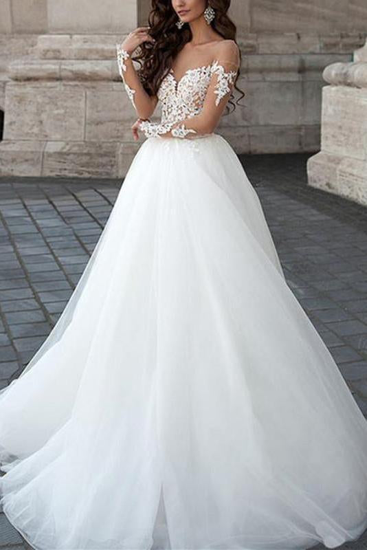 A line Long Sleeve Tulle White Lace Appliques Wedding Dresses Long Wedding Gowns RS561