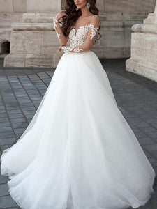 A line Long Sleeve Tulle White Lace Appliques Wedding Dresses Long Wedding Gowns RS561