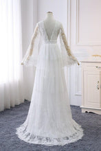 Load image into Gallery viewer, A line Long Sleeve V Neck Lace Ivory Wedding Dresses V Neck Beach Bridal Dresses W1010