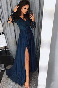 A line Navy Blue Long Sleeve Sweetheart Prom Dresses Slit Long Evening Dresses RS525