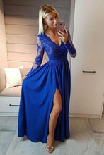 Load image into Gallery viewer, A line Navy Blue Long Sleeve Sweetheart Prom Dresses Slit Long Evening Dresses RS525