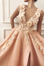 Load image into Gallery viewer, A line Pink V Neck Prom Dresses with Slit Lace Appliques Prom Gowns RS590