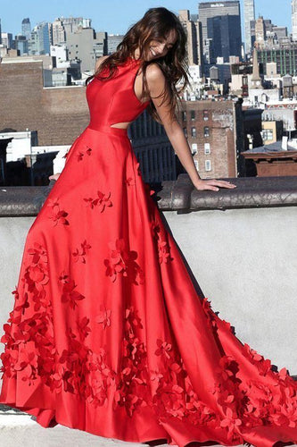 A line Red Halter Satin Prom Dresses Sleeveless Appliques Dance Dresses RS713