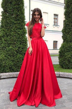 Load image into Gallery viewer, A line Red Lace Satin Prom Dresses Short Sleeve Round Neck Long Evening Dresses RS613