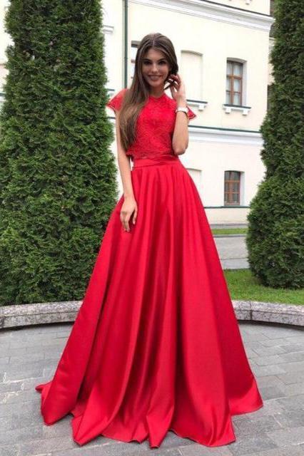 A line Red Lace Satin Prom Dresses Short Sleeve Round Neck Long Evening Dresses RS613
