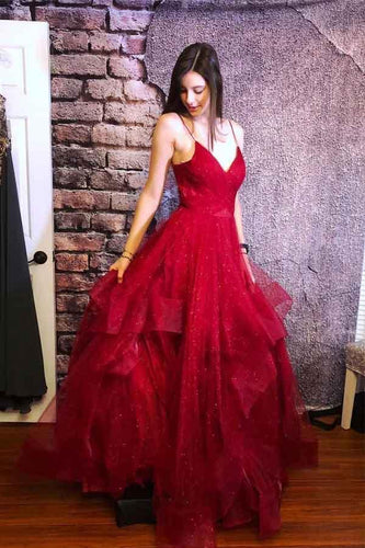 A line Red Ruffles Spaghetti Straps V Neck Prom Dresses Backless Long Evening Dresses RS636
