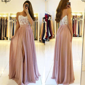 A line Spaghetti Straps Chiffon Sweetheart Prom Dresses with Slit Lace RS594