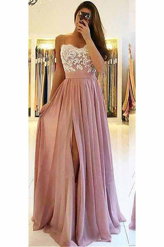 A line Spaghetti Straps Chiffon Sweetheart Prom Dresses with Slit Lace RS594