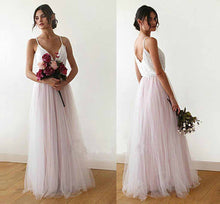 Load image into Gallery viewer, A line Spaghetti Straps Pearl Pink V Neck Backless Tulle Bridesmaid Dress Prom Dresses BD1007
