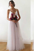 Load image into Gallery viewer, A line Spaghetti Straps Pearl Pink V Neck Backless Tulle Bridesmaid Dress Prom Dresses BD1007