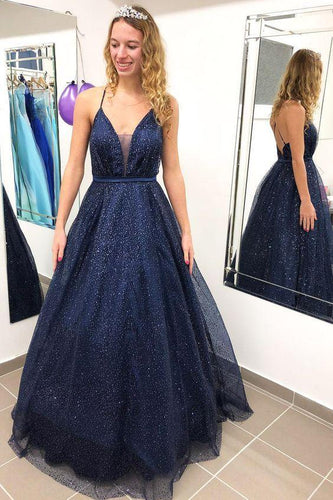 A line Spaghetti Straps V Neck Prom Dresses Sparkly Navy Blue Long Evening Dresses RS621
