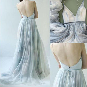 A line Tulle Ombre Deep V Neck Spaghetti Straps Blue Prom Dresses Evening Dresses RS883