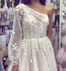 A line Tulle One Shoulder Prom Dresses with Sleeves 3D Flowers Evening Dress RS523