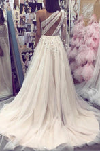 Load image into Gallery viewer, A line Tulle One Shoulder Prom Dresses with Sleeves 3D Flowers Evening Dress RS523