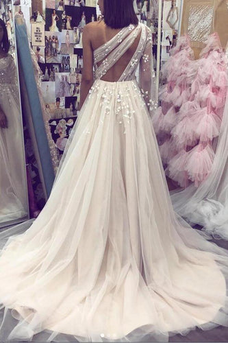 A line Tulle One Shoulder Prom Dresses with Sleeves 3D Flowers Evening Dress RS523