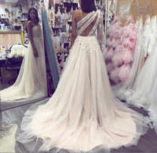 Load image into Gallery viewer, A line Tulle One Shoulder Prom Dresses with Sleeves 3D Flowers Evening Dress RS523