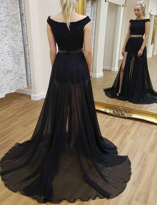 A line Two Piece Detachable Black Prom Dresses Sequin Short Sleeves Chiffon Formal Dress RS461