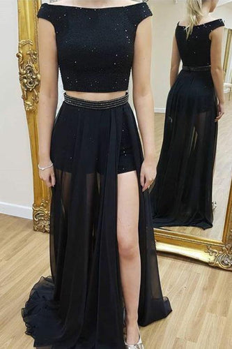 A line Two Piece Detachable Black Prom Dresses Sequin Short Sleeves Chiffon Formal Dress RS461