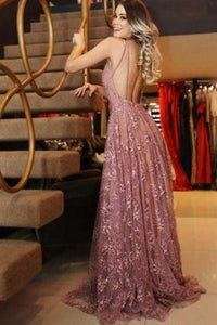 A line V Neck Pink Lace Backless Appliques Prom Dresses Sleeveless Evening Dresses RS555