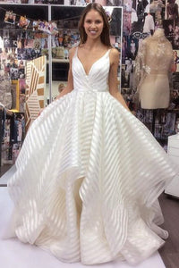 A line V Neck Spaghetti Straps Prom Dresses with Ruffles Long Wedding Dresses RS595