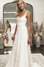 Load image into Gallery viewer, A line White Satin Wedding Dresses with Tulle Appliques Spaghetti Straps Bridal Dress RS719