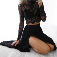 Load image into Gallery viewer, Black Long Sleeves Sexy Slit Two-piece Cheap A-line High Neck Lace Chiffon Prom Dresses RS868