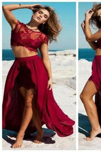 Burgundy Sexy Slit Two-piece Cheap Cap Sleeve Lace Scoop A-Line Prom Dresses RS868