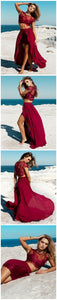 Burgundy Sexy Slit Two-piece Cheap Cap Sleeve Lace Scoop A-Line Prom Dresses RS868