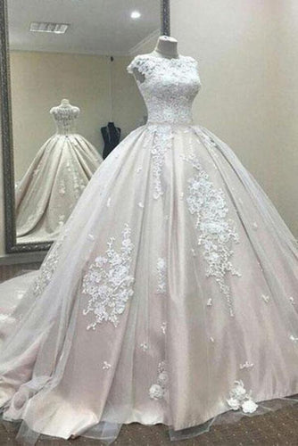 Ball Gown A Line Lace Tulle Appliques Cap Sleeves Scoop Prom Dresses Quinceanera Dress RS812