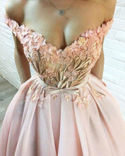 Load image into Gallery viewer, A Line Hand-Made Flower Long Off the Shoulder Sweetheart Prom Dresses with Pockets RS256