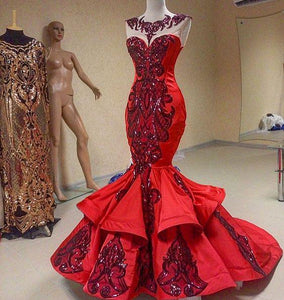 Unique Mermaid Embroidery Red Satin Sequins Scoop Long Prom Dresses RS26