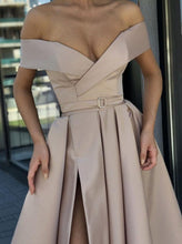 Load image into Gallery viewer, A Line Off the Shoulder V Neck Satin Prom Dresses with High Split Party Dresses RS885
