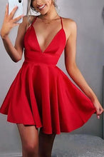 Load image into Gallery viewer, Simple Red V Neck Satin Spaghetti Straps Homecoming Dresses with Above Knee H1157