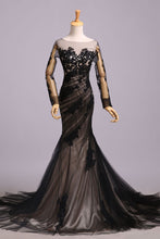Load image into Gallery viewer, Mermaid Black Tulle Lace Appliques Long Sleeve V Back Scoop Cheap Prom Dresses RS176