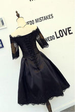 Load image into Gallery viewer, A Line Black Short Sleeves Off the Shoulder Lace Appliques Satin Homecoming Dresses RS885