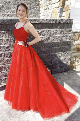 Red Lace Appliques Spaghetti Straps Prom Dresses, A Line Long Formal Evening Dresses