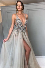 Load image into Gallery viewer, Backless Grey V Neck Sexy Prom Dresses with Slit Rhinestone See Through Evening Gowns P1105
