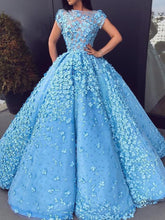 Load image into Gallery viewer, Ball Gown Blue Prom Dresses Floral Lace Bateau Long Cap Sleeve Quinceanera Dresses P1043