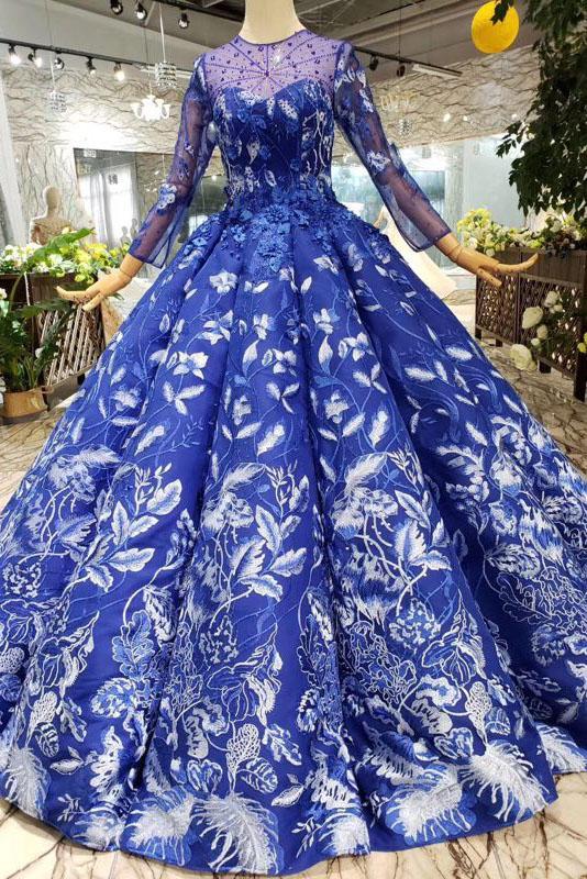 Ball Gown Blue Round Neck Prom Dresses with Beads Lace up Quinceanera Dresses RS784