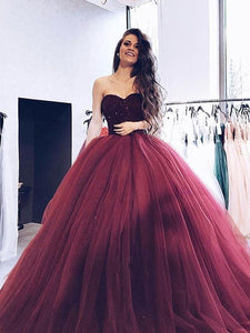 Ball Gown Burgundy Tulle Strapless Sweetheart Prom Dresses Quinceanera Dresses RS696