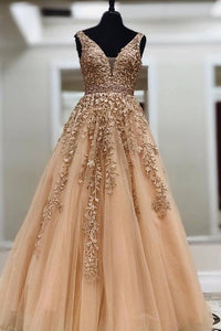 Ball Gown Gold Lace Long Prom Dresses with Appliques V Neck Tulle Evening Dresses RS589