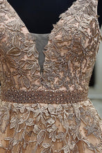 Load image into Gallery viewer, Ball Gown Gold Lace Long Prom Dresses with Appliques V Neck Tulle Evening Dresses RS589