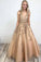 Ball Gown Gold Lace Long Prom Dresses with Appliques V Neck Tulle Evening Dresses RS589