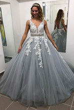 Load image into Gallery viewer, Ball Gown Gray V Neck Prom Dresses with Lace Appliques Quinceanera Dresses RS684