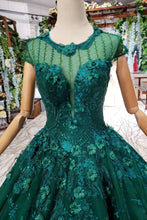 Load image into Gallery viewer, Ball Gown Green Court Train Scoop Lace Appliques Cap Sleeves Lace up Prom Dresses RS787
