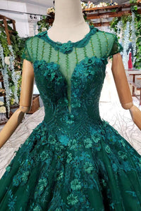 Ball Gown Green Court Train Scoop Lace Appliques Cap Sleeves Lace up Prom Dresses RS787