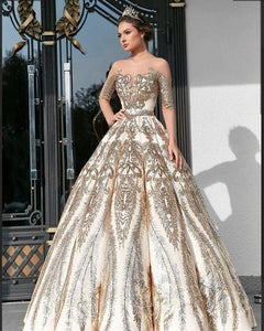 Ball Gown Long Sleeve Lace Appliques Prom Dresses Beads Long Wedding Dress RS544