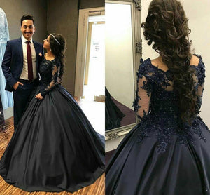 Ball Gown Long Sleeves Navy Blue With Lace Prom Dress Quinceanera Dresses RS450