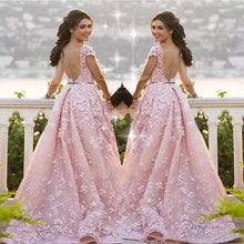 Load image into Gallery viewer, Ball Gown Mermaid Pink Lace Appliques Tulle Cap Sleeve Backless Prom Dresses RS761