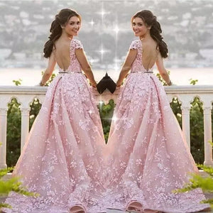 Ball Gown Mermaid Pink Lace Appliques Tulle Cap Sleeve Backless Prom Dresses RS761